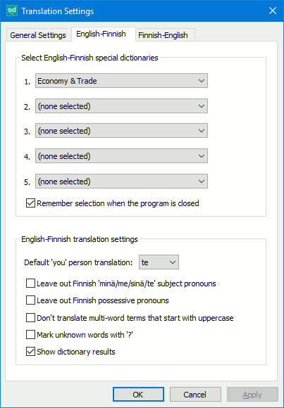 English-Finnish translation settings