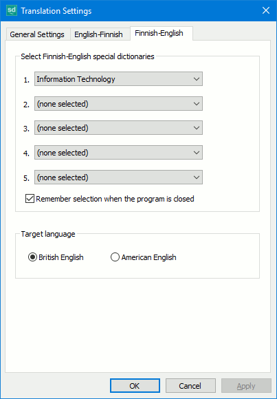 Finnish-English translation settings