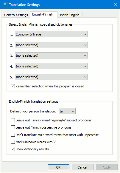 English-Finnish translation settings