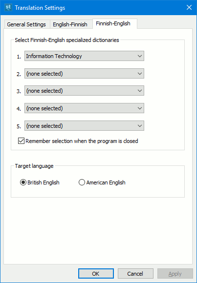 Finnish-English translation settings