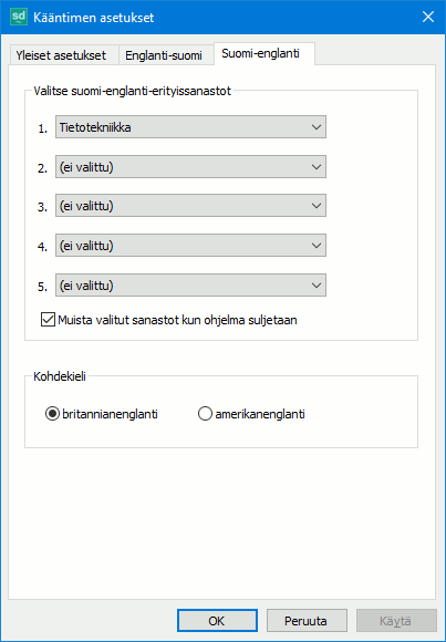 Suomi-englanti-kääntimen asetukset