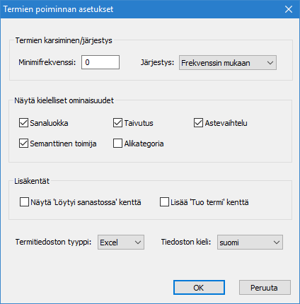 Termien poiminnan asetukset