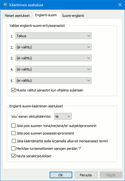 Englanti-suomi-kääntimen asetukset